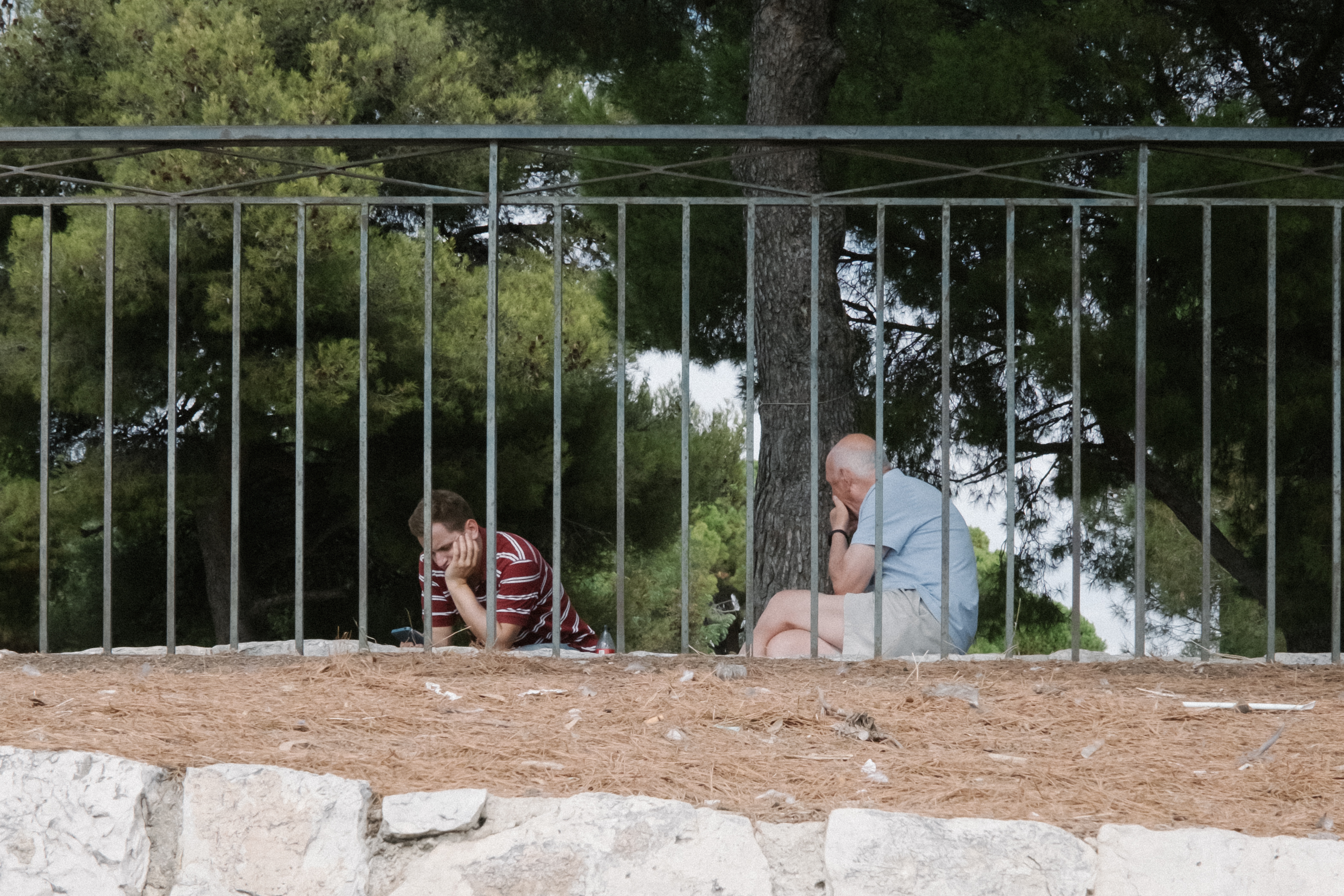 라이카 M-P 240으로 촬영한 스냅 사진에 VSCO Portra 400 프리셋을 적용한 모습. 철제 울타리 뒤 공원 벤치에 두 남자가 앉아 있는 장면으로, 앞선 Lightra 프리셋에 비해 전반적으로 채도가 낮고 명암 대비가 부드러워 훨씬 바랜 듯한 빈티지 필름의 느낌이 강함. 붉은 흙바닥과 초록색 나무들이 차분한 파스텔 톤으로 표현됨