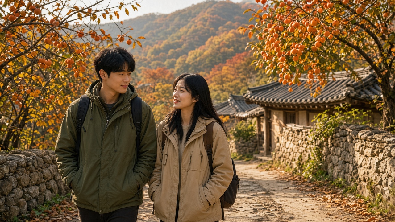 감나무가 있는 가을 시골 마을 길을 걷는 한국인 20대 커플 여행객