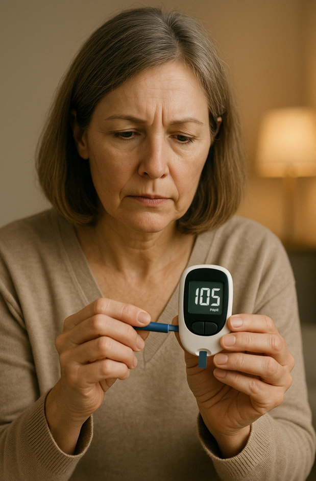 혈당 측정기로 자신의 수치를 확인하는 중년 여성의 모습