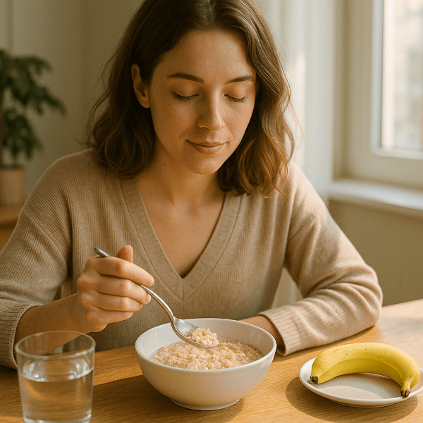 아침으로 오트밀 죽을 먹고있는 여성이미지