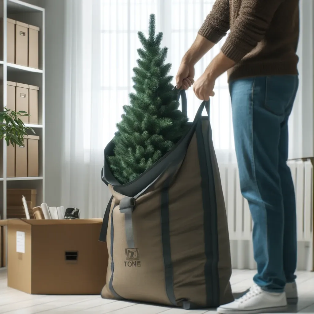 내구성 있는 보관 가방에 PE 인조 크리스마스 트리를 포장하는 모습