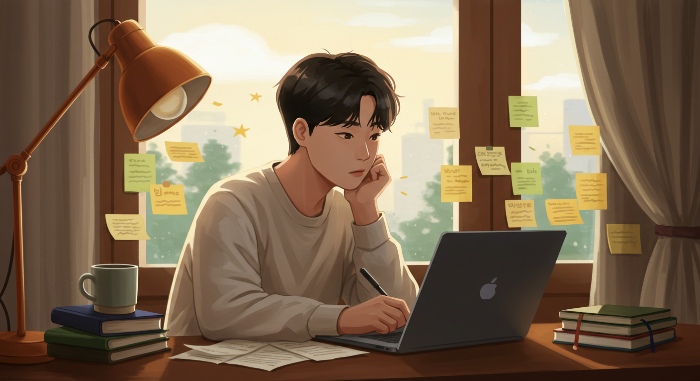 창가 책상에 앉아 콘텐츠를 작성 중인 사람, 노트북 주변에 ‘경제 감각’, ‘수익화’, ‘기록’이라고 적힌 메모가 붙어 있는 장면