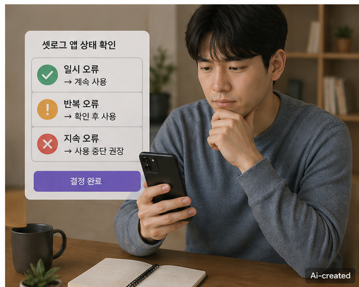 셋로그 앱 상태를 확인한 후 정상 사용 여부를 판단하는 안정된 상황