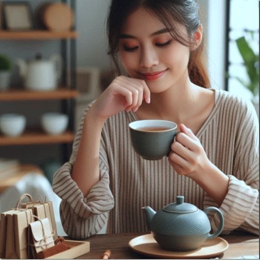 백출 효능 소화기 건강과 면역력 강화 효과, 백출 차 마시는 여성