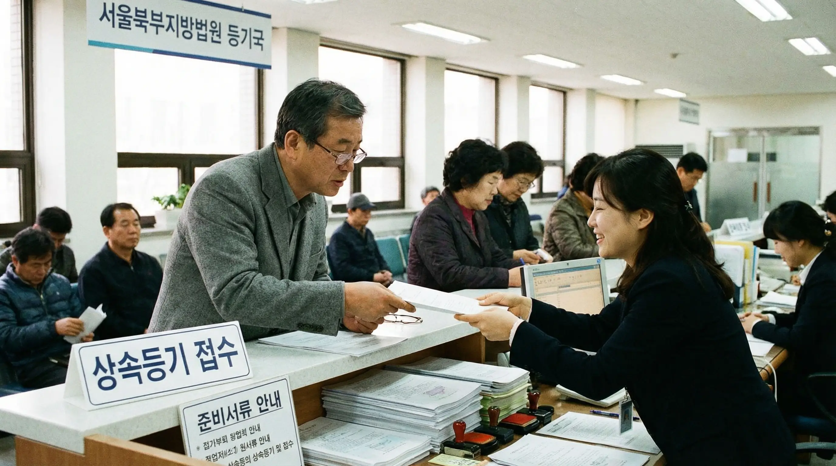한국인 중년 남성이 등기소 창구에서 상속등기 서류를 제출하며 직원과 상담하는 모습