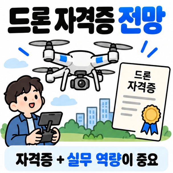 드론 자격증 전망을 상징하는 드론과 자격증 문서가 함께 있는 카드뉴스