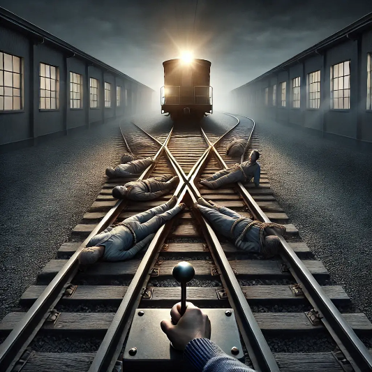 트롤리딜레마,공리주의,5명,1명,무엇을 하느냐,어떻게 하느냐,스위치,레버