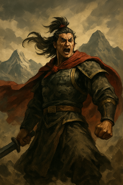 웅장한 산을 배경으로, 한 인물이 강인한 기세로 서 있는 모습