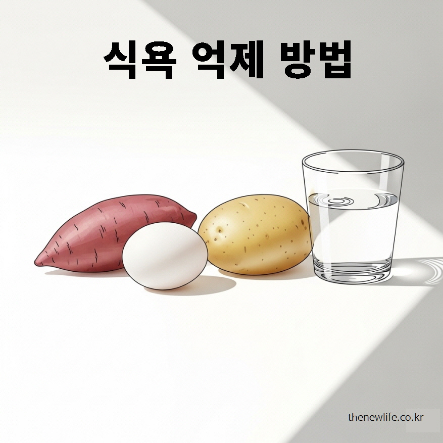 식욕 억제 방법 – 고구마, 감자, 달걀, 물로 건강하게 식단을 관리하는 모습