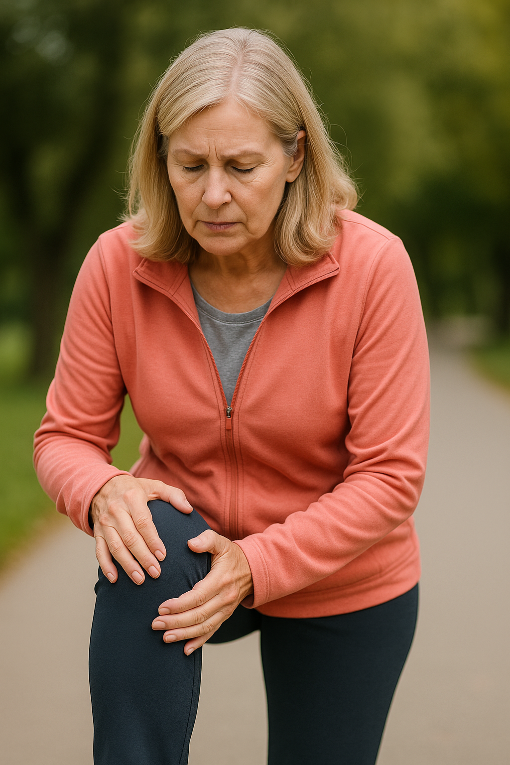걷기 운동 전 무릎 통증을 걱정하며 자신의 무릎을 살피는 60대 여성
