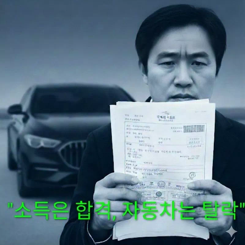 "복지 안내 서류를 든 채 좌절한 표정의 사람과 배경의 자동차 실루엣 위로 '소득 합격, 자동차 탈락' 문구가 강조된 2026 수급자 자격 안내 이미지"