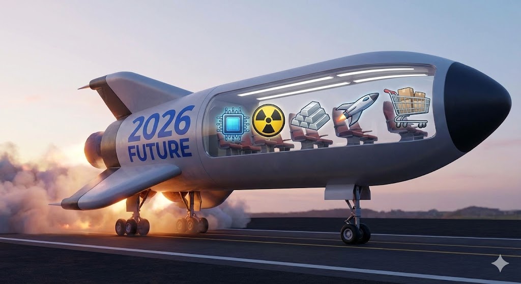 5대 섹터(반도체, 원자력, 은, 우주, 소비재)를 상징하는 아이콘들이 '2026 Growth Rocket'에 탑승하고 있는 일러스트