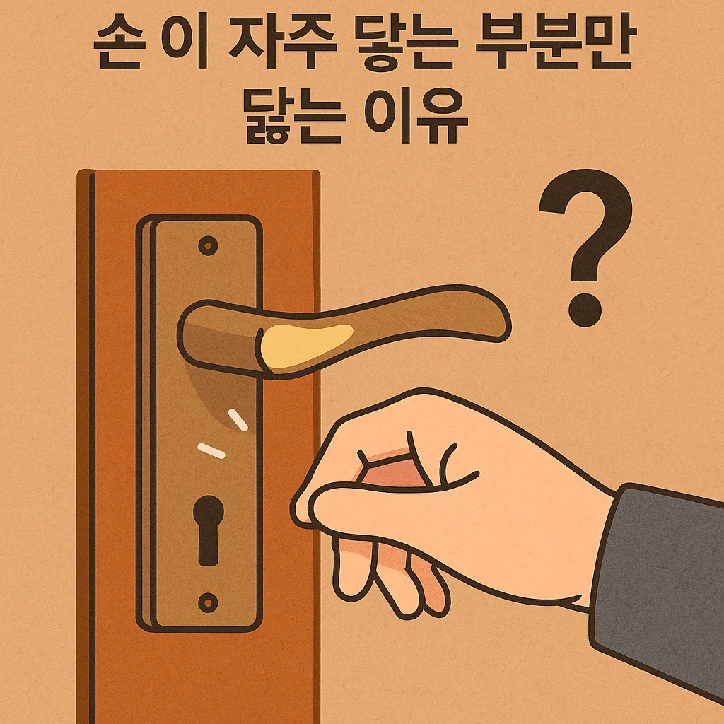 문-손잡이에서-손이-자주-닿는-부분만-닳는-이유를-표현한-일러스트로-마모된-손잡이를-잡으려는-손과-강조된-질문표시가-포함됨