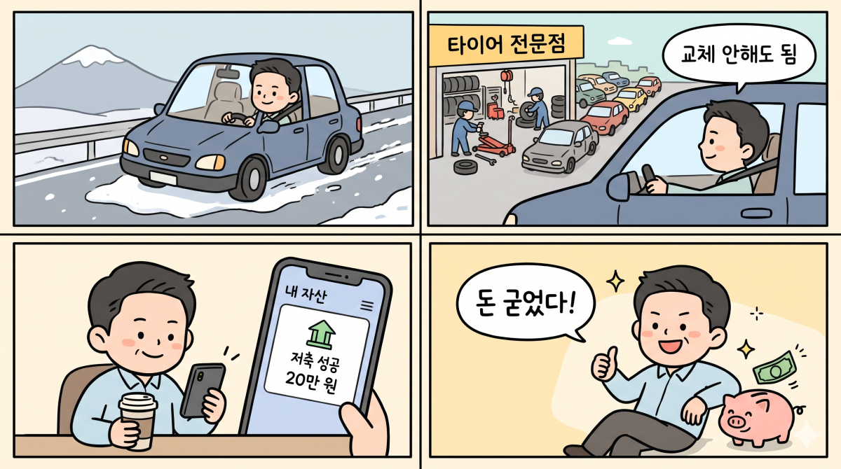 유지비용과 수고를 덜어주는 올웨더 타이어의 쾌적함을 담은 4컷 만화