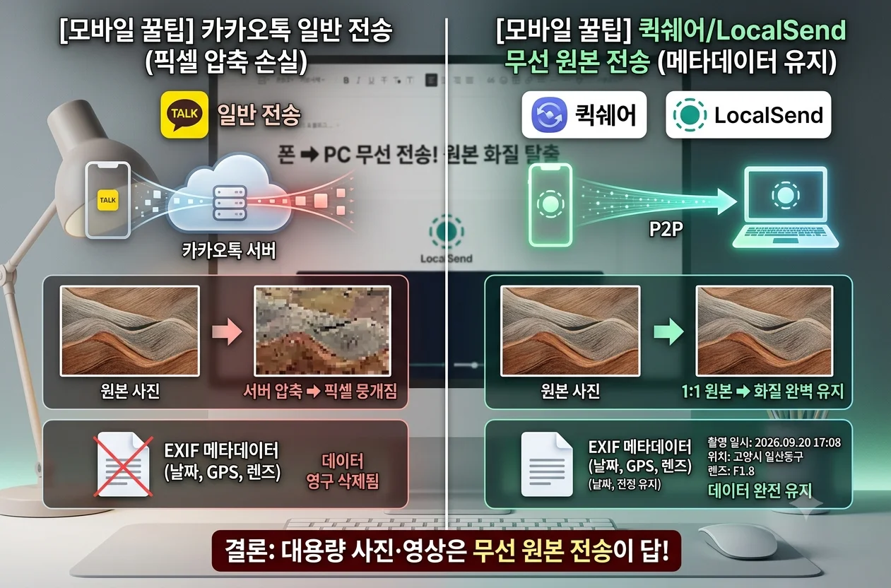 카카오톡 사진 압축 화질 손상 및 촬영 메타데이터 손실 비교 인포그래픽