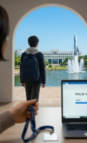 아치형 문 너머 카이스트 교정을 향해 걸어가는 아들의 뒷모습