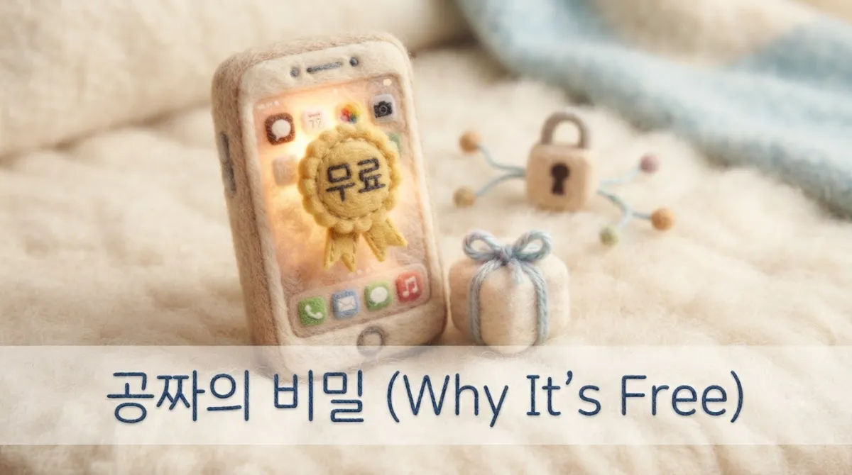 무료 리본 배지가 달린 니들 펠트 스마트폰과 리본으로 묶인 선물 상자, 그 뒤편의 양모 자물쇠와 실타래 구슬 노드로 기업의 무료 제공 전략을 표현한 대표 이미지
