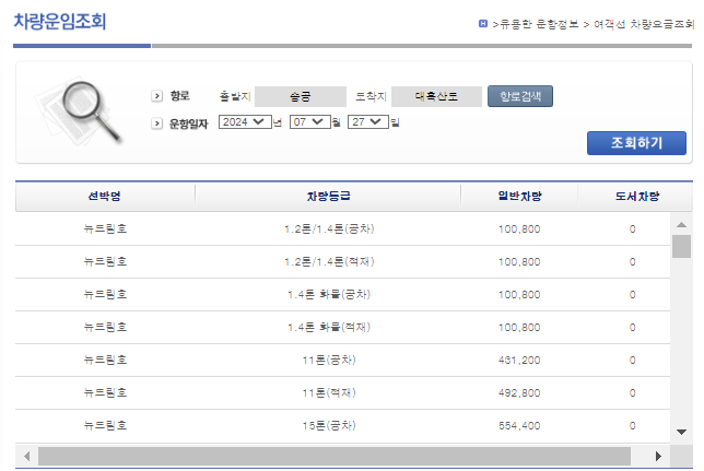 흑산도 차량 운임 요금