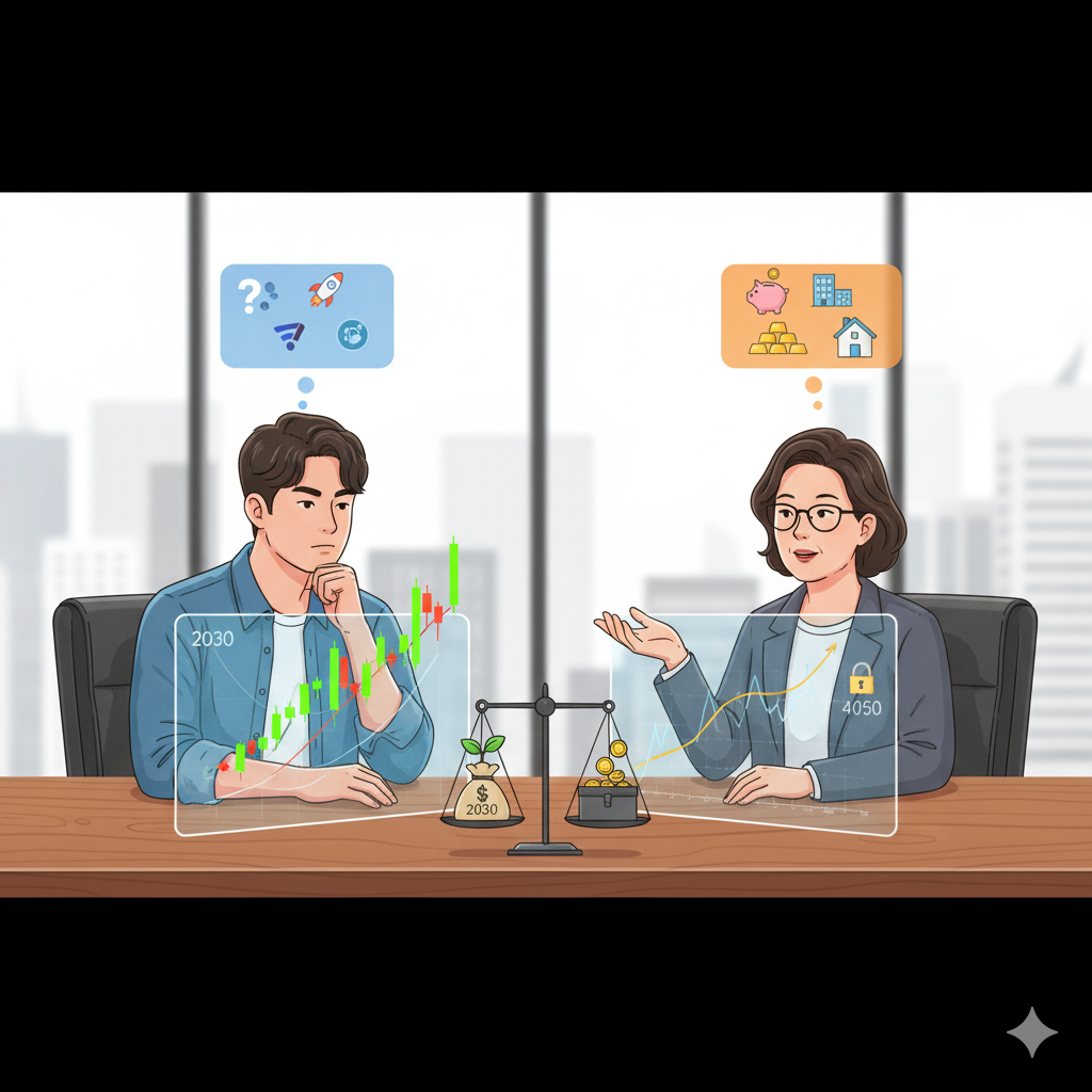 20대/30대 청년과 40대/50대 중년이 함께 자산 배분을 고민하는 모습의 포트폴리오 전략 일러스트