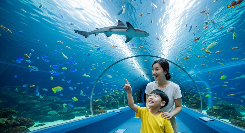 수족관 터널에서 다양한 물고기와 상어를 보며 신기해하는 아이와 엄마의 모습.