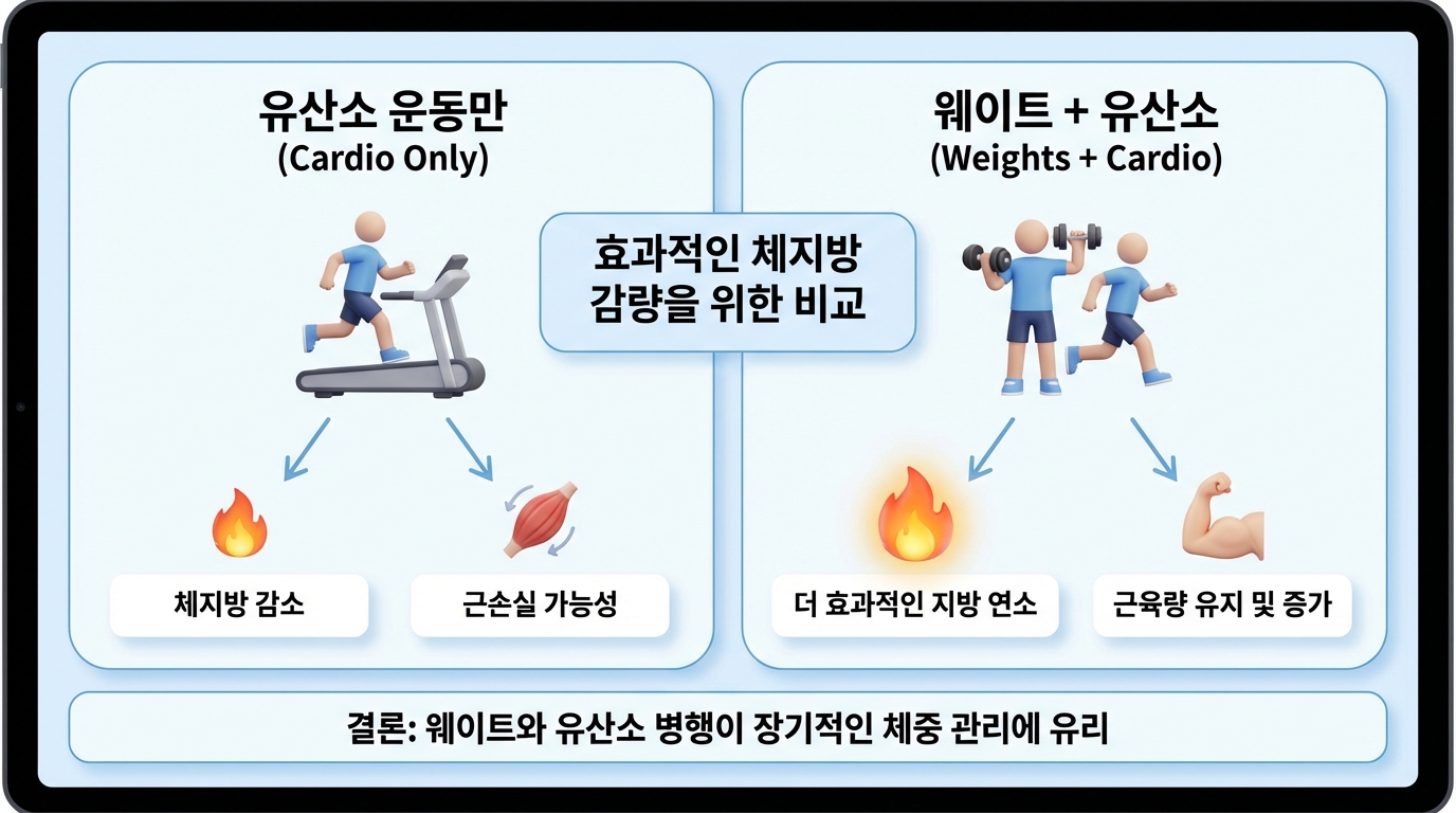 웨이트와 유산소를 병행할 때 지방 연소 효율이 높아짐을 보여주는 인포그래픽