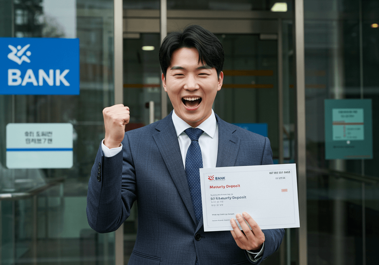 만기 예금을 찾아 기뻐하는 30대 초반 한국 청년 직장인의 모습, 은행 앞에서 증서를 들고 환하게 웃으며 손을 들어 올린 장면
