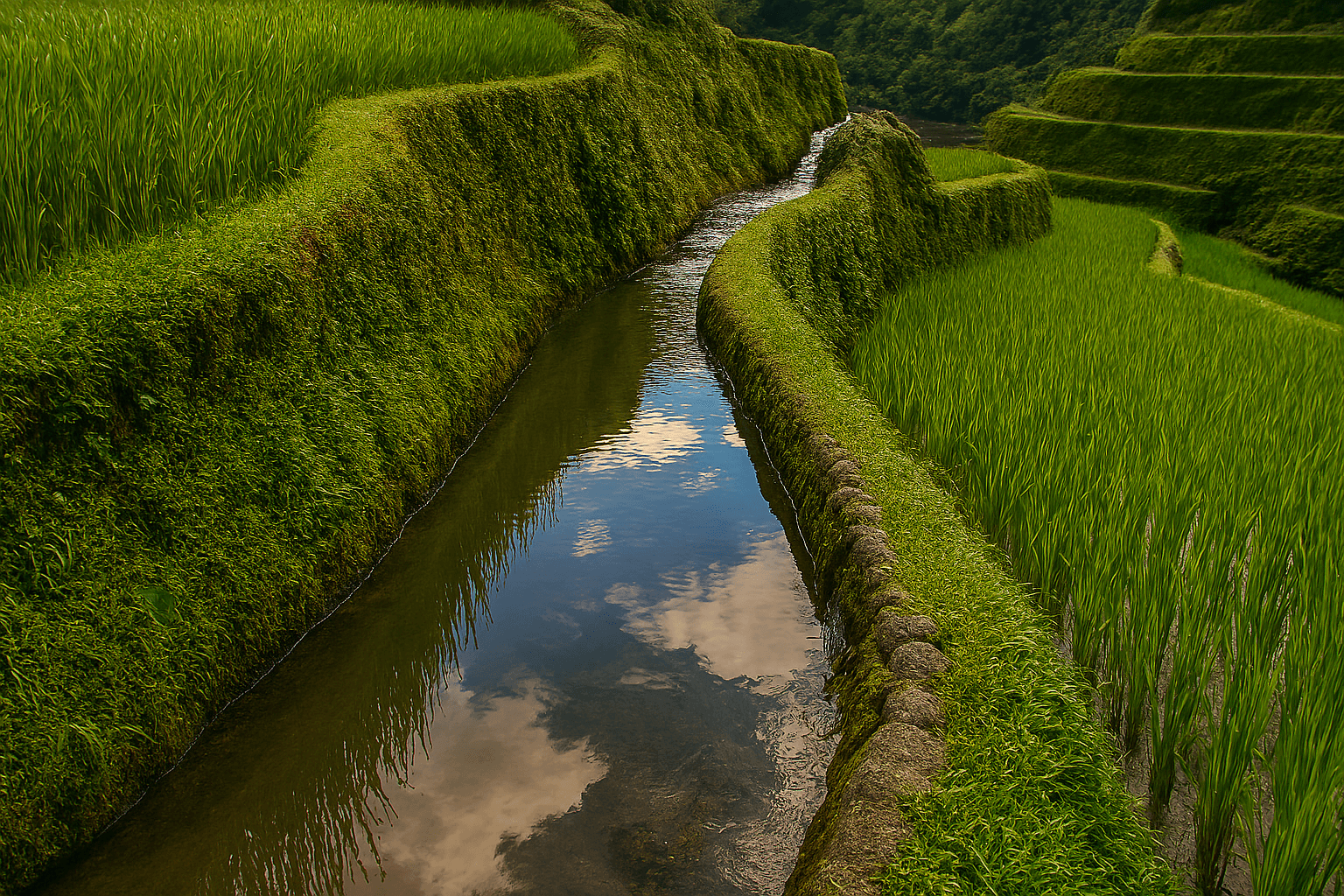 2000년 된 바나우에 계단식 논에 적용된, 물을 효율적으로 관리하는 고대 이푸가오족의 정교한 관개 시스템. 필리핀여행 중 만나는 지혜다.