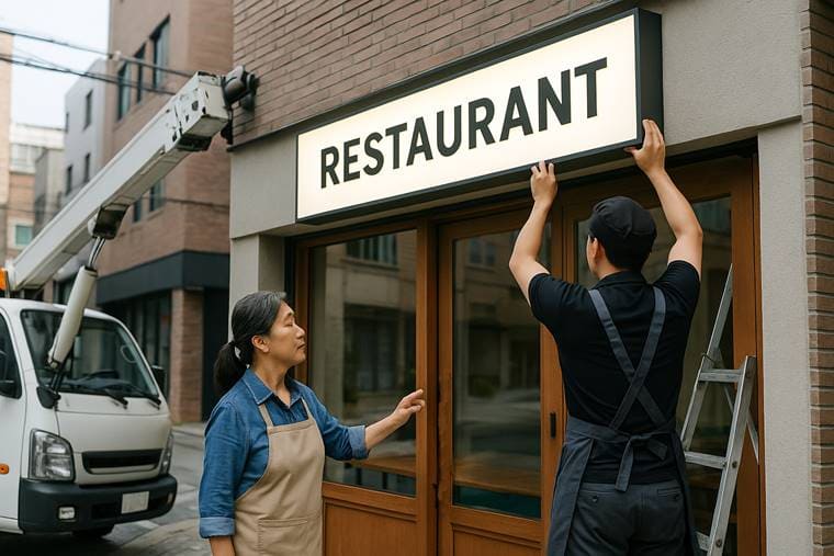 재도전 성공패키지 사업화 자금으로 새 간판을 설치 중인 외식업 점포