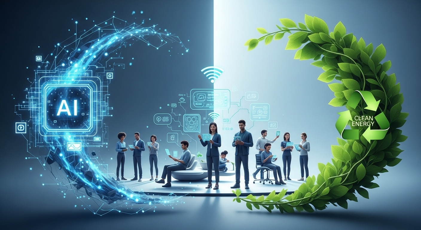 2025년 미래 사회의 주요 트렌드인 AI, 지속 가능성, 개인 맞춤형 서비스, 그리고 유연한 일과 삶의 균형을 상징하는 추상적인 이미지.