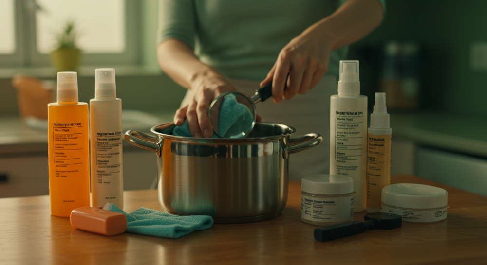 스테인리스 조리기구 연마제 제거와 화장품 유해 성분을 확인하는 소비자의 모습