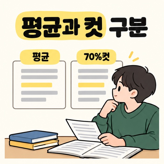 평균과 70%컷으로 구분된 자료를 앞에 두고 학생이 성적표를 살펴보는 모습