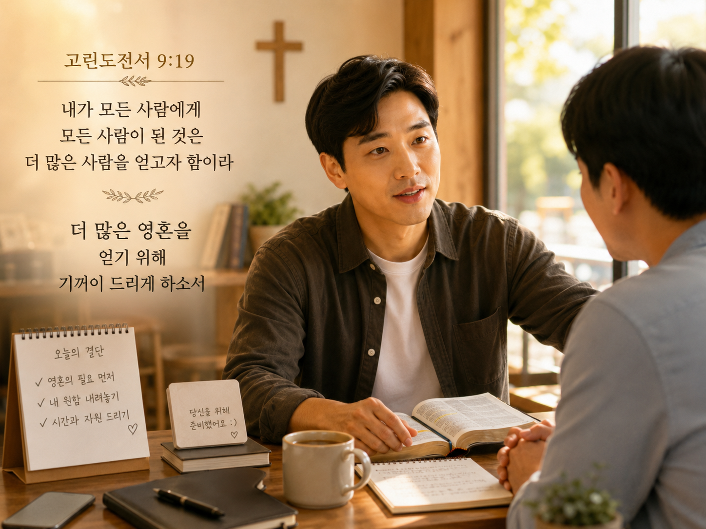 고전 9:19 말씀에서 더 많은 영혼에게 복음과 진리를 전하기 위해 자신의 시간과 자원을 드리고&amp;#44; 영혼의 필요에 따라 우선순위를 두고 나의 원함을 내려놓는 선택을 하려는 시도를 하는 모습입니다.