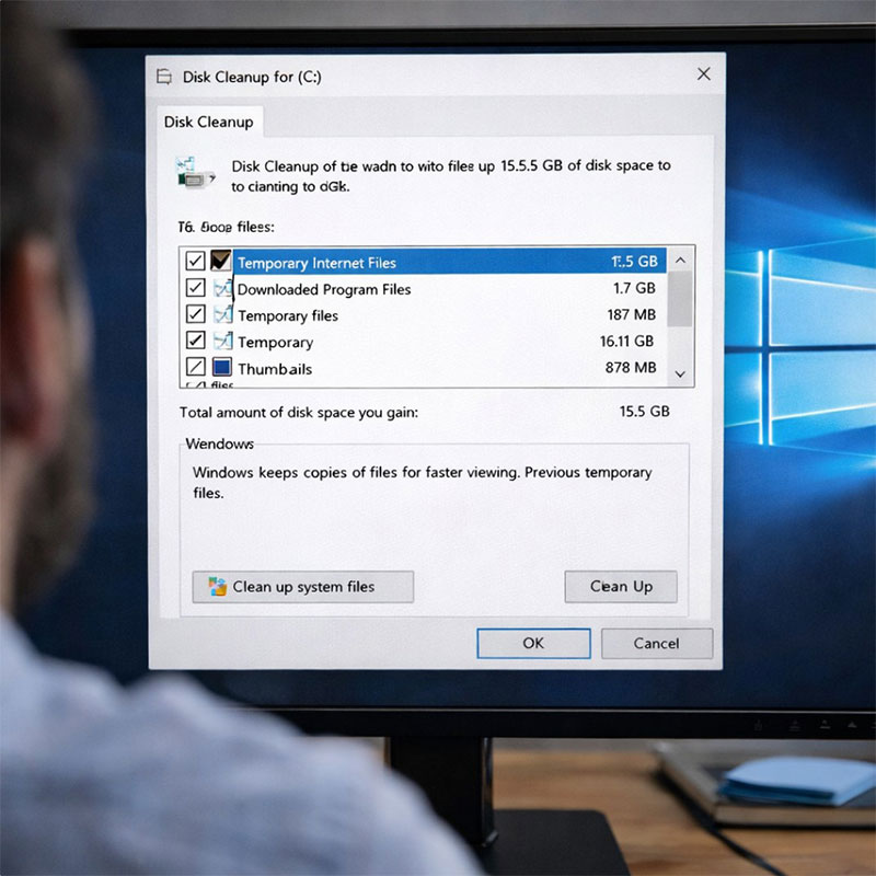 윈도우 디스크 정리 도구로 C드라이브 임시 파일을 삭제하는 화면