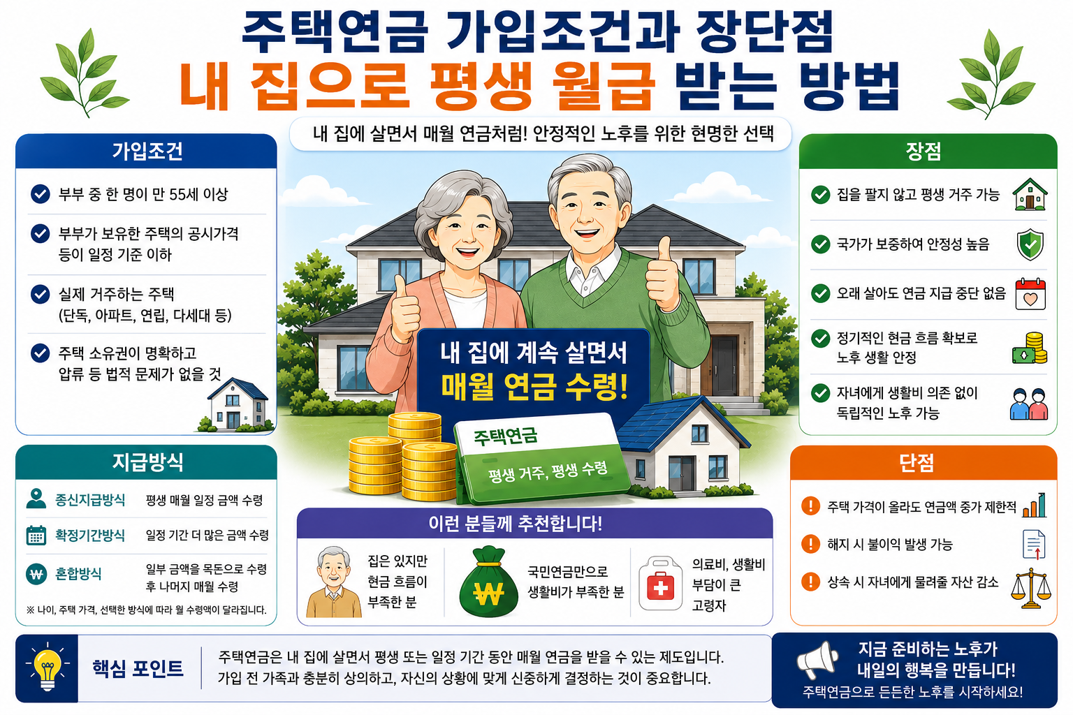 주택연금 가입조건과 장단점, 지급방식 및 노후 생활비 활용 방법을 정리한 인포그래픽