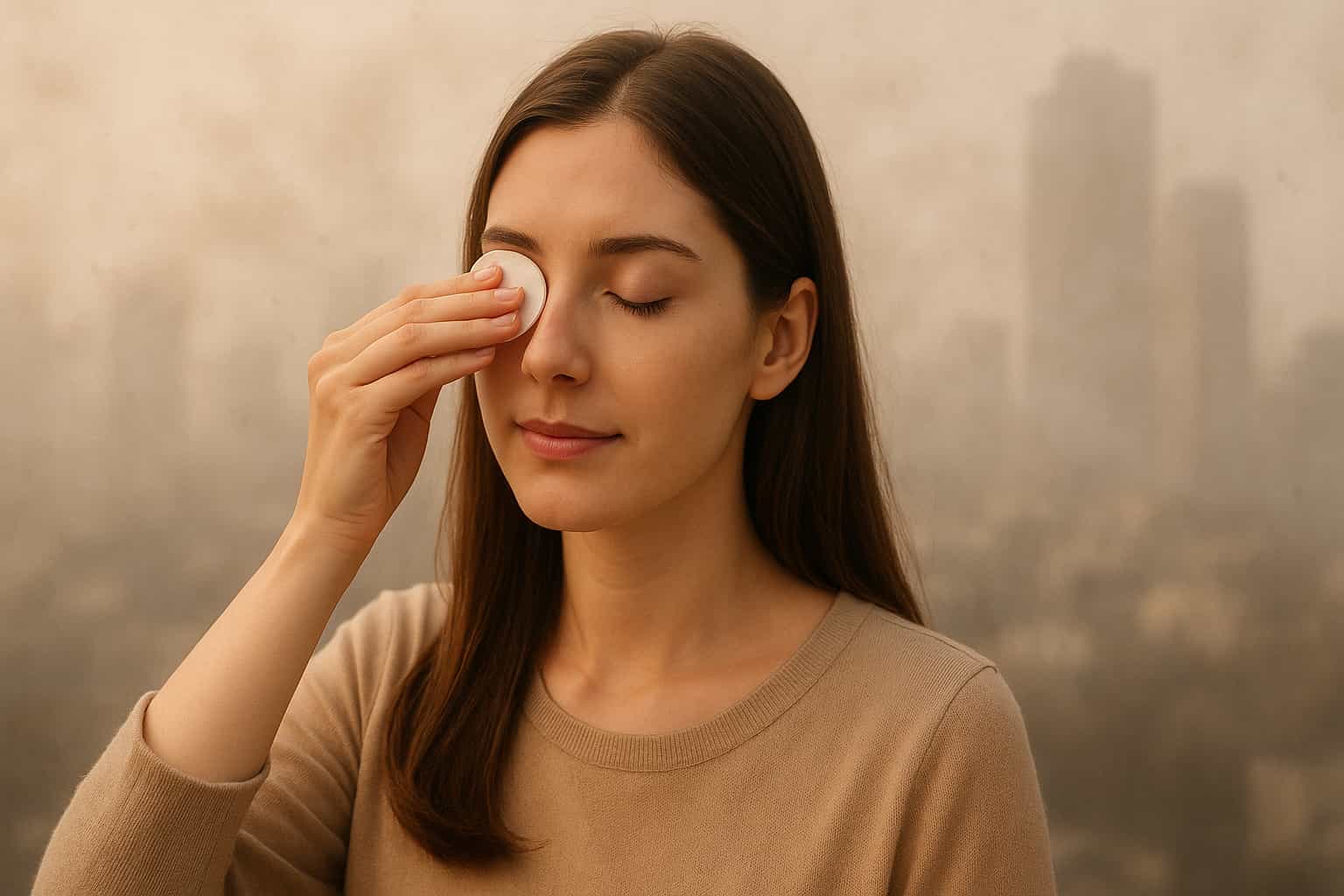 초미세먼지가 많은 날 눈꺼풀 세정을 하는 여성 이미지