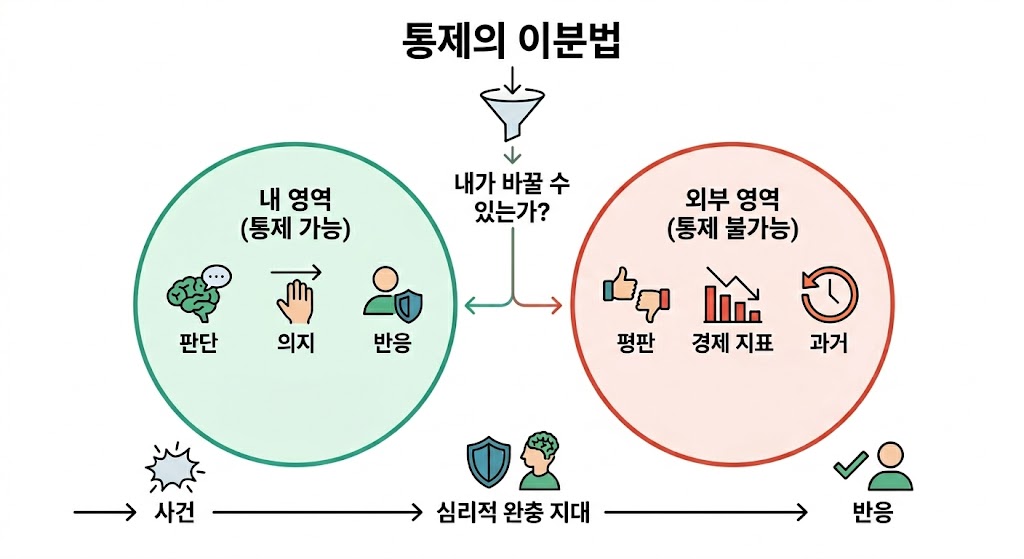 통제의 이분법을 보여주는 인포그래픽입니다. 중앙의 "내가 바꿀 수 있는가?" 질문을 중심으로, 왼쪽의 '내 영역 (통제 가능)'에는 판단, 의지, 반응 아이콘이, 오른쪽의 '외부 영역 (통제 불가능)'에는 평판, 경제 지표, 과거 아이콘이 명확히 대조되어 있습니다.