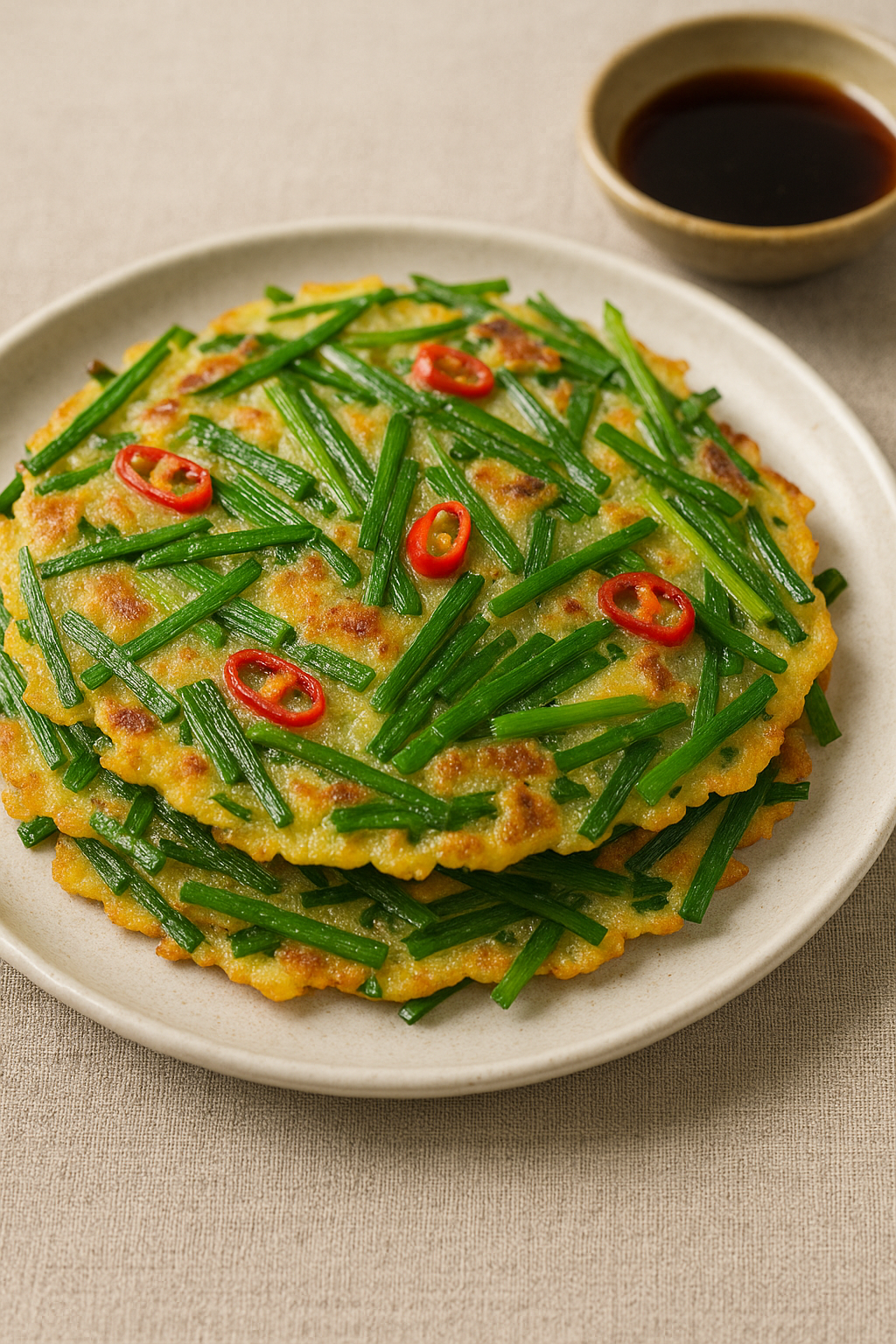 부추전이 담긴 접시와 간장 소스