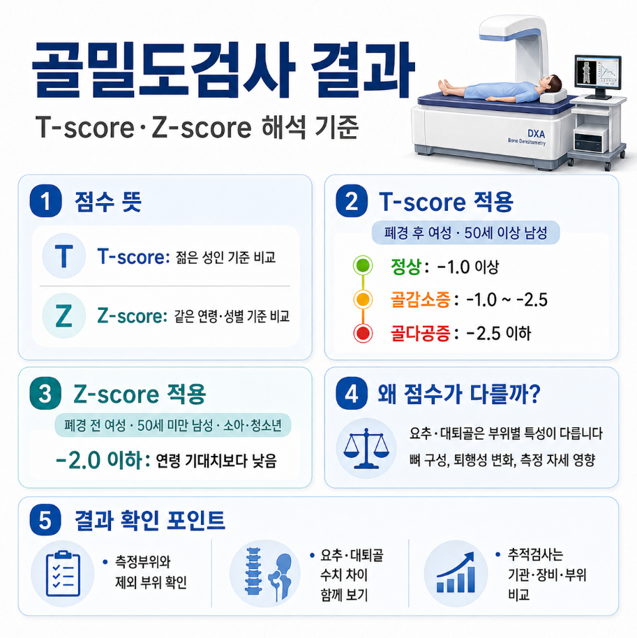 골밀도검사 결과의 T-score·Z-score 기준과 요추·대퇴골 수치 비교