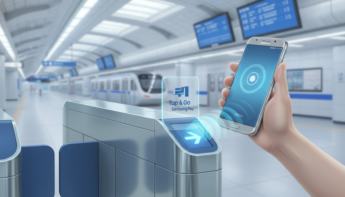 지하철 개찰구 단말기에 삼성 갤럭시 스마트폰을 태그하여 NFC 신호가 연결되는 모습의 일러스트