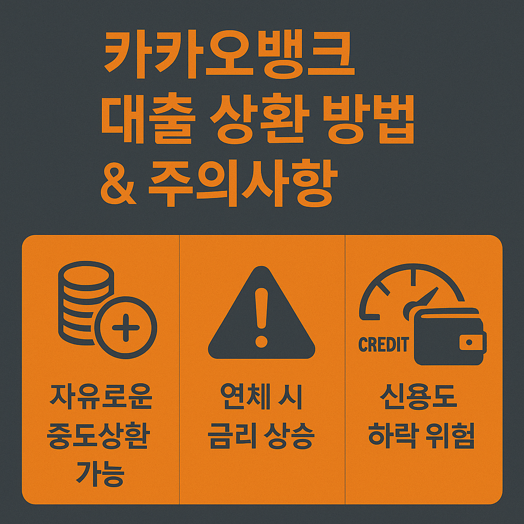 자유로운 중도 상환 가능 여부, 연체 시 금리 상승, 신용도 하락 위험 등 대출 상환 시 유의할 점을 한눈에 보여주는 인포그래픽