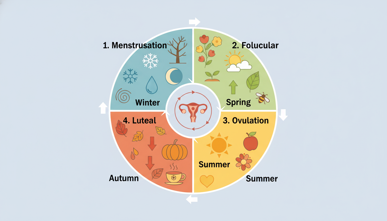 여성의 생리 주기를 사계절에 비유하여 설명하는 인포그래픽 이미지