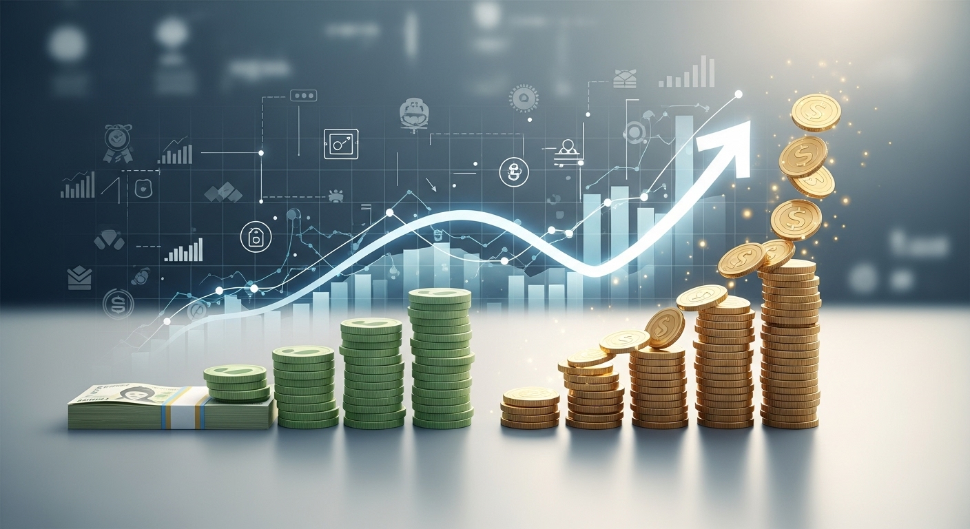 자동 이체와 투자를 통해 돈이 꾸준히 늘어나는 것을 상징하는 이미지.