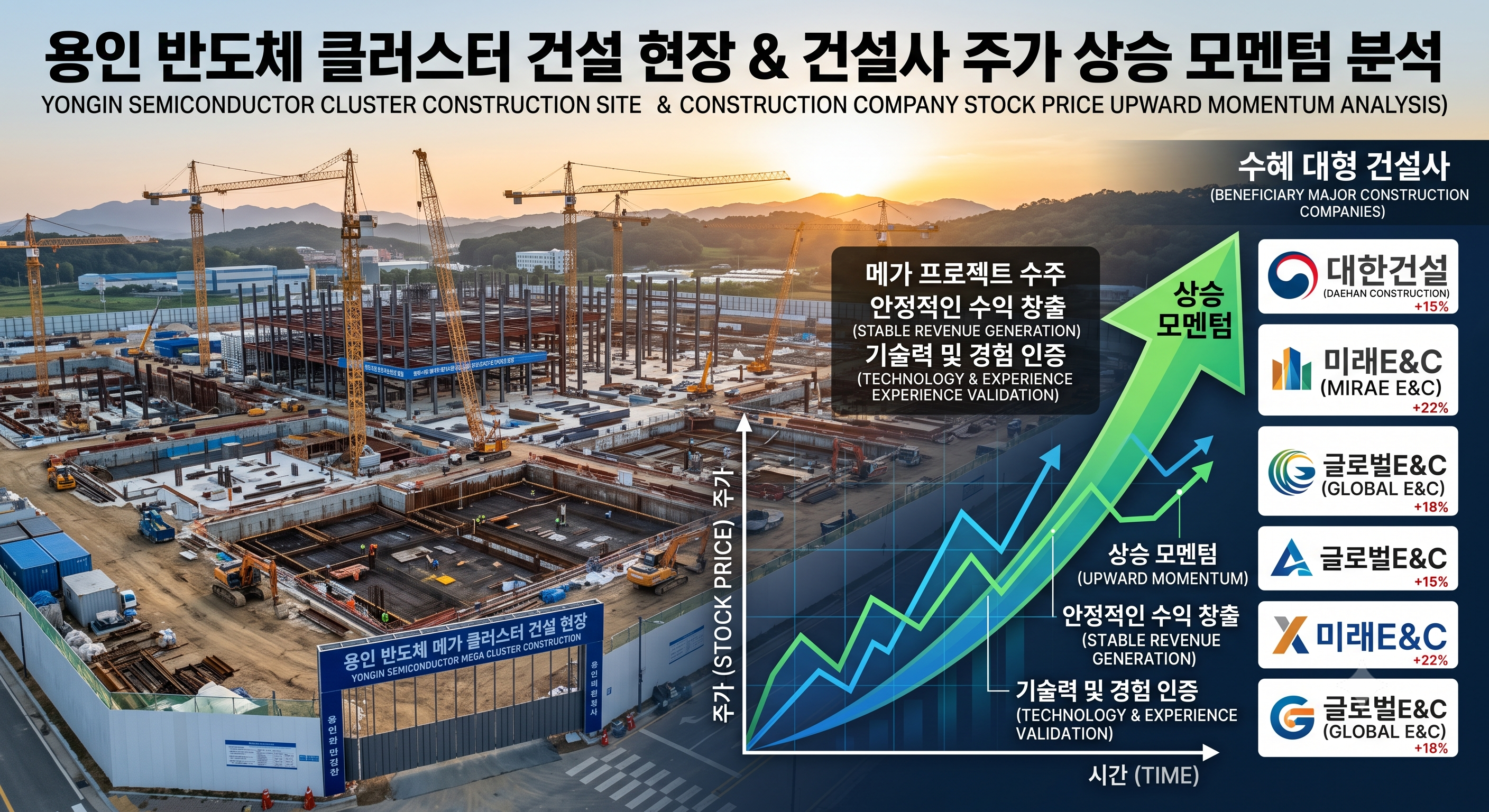 용인 반도체 메가 클러스터 공장 건설 현장 전경과 수혜를 입는 대형 건설사 주가 상승 모멘텀 분석 그래픽