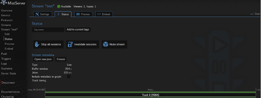 Stream 수신 상태 화면 예시