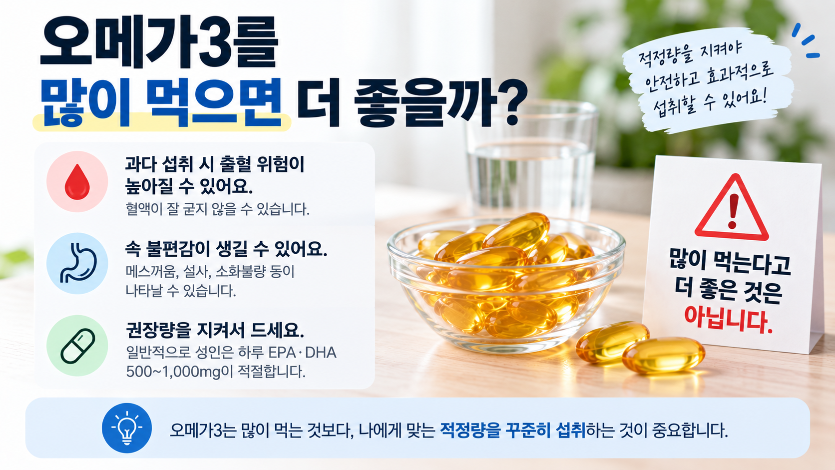 오메가3 과다 섭취 주의사항과 적정량 안내 이미지