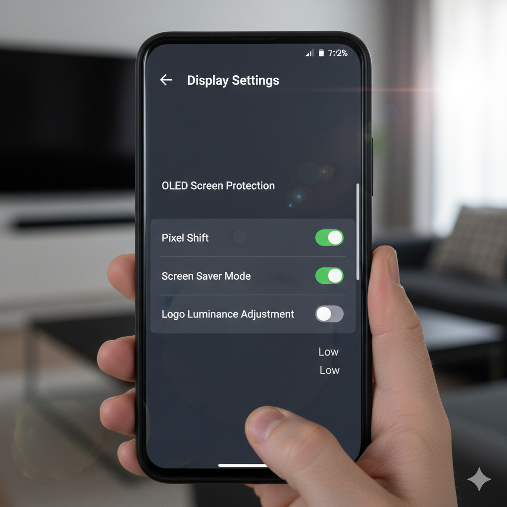 태블릿 설정에서 확인할 수 있는 픽셀 시프팅 및 화면 보호 기능 활성화 가이드 화면