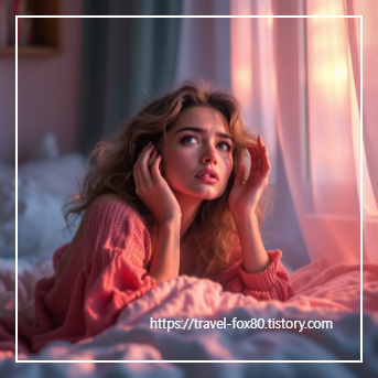 슬픈 표정으로 침대에 엎드린 여성