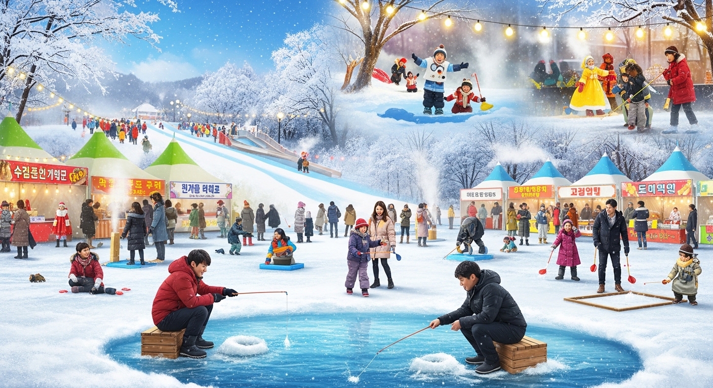 안성 동막골 빙어축제의 활기찬 모습. 사람들이 얼음 위에서 빙어 낚시를 하고 있으며, 주변에는 눈썰매장과 먹거리 부스가 있어 즐거운 겨울 축제 분위기를 보여줍니다.