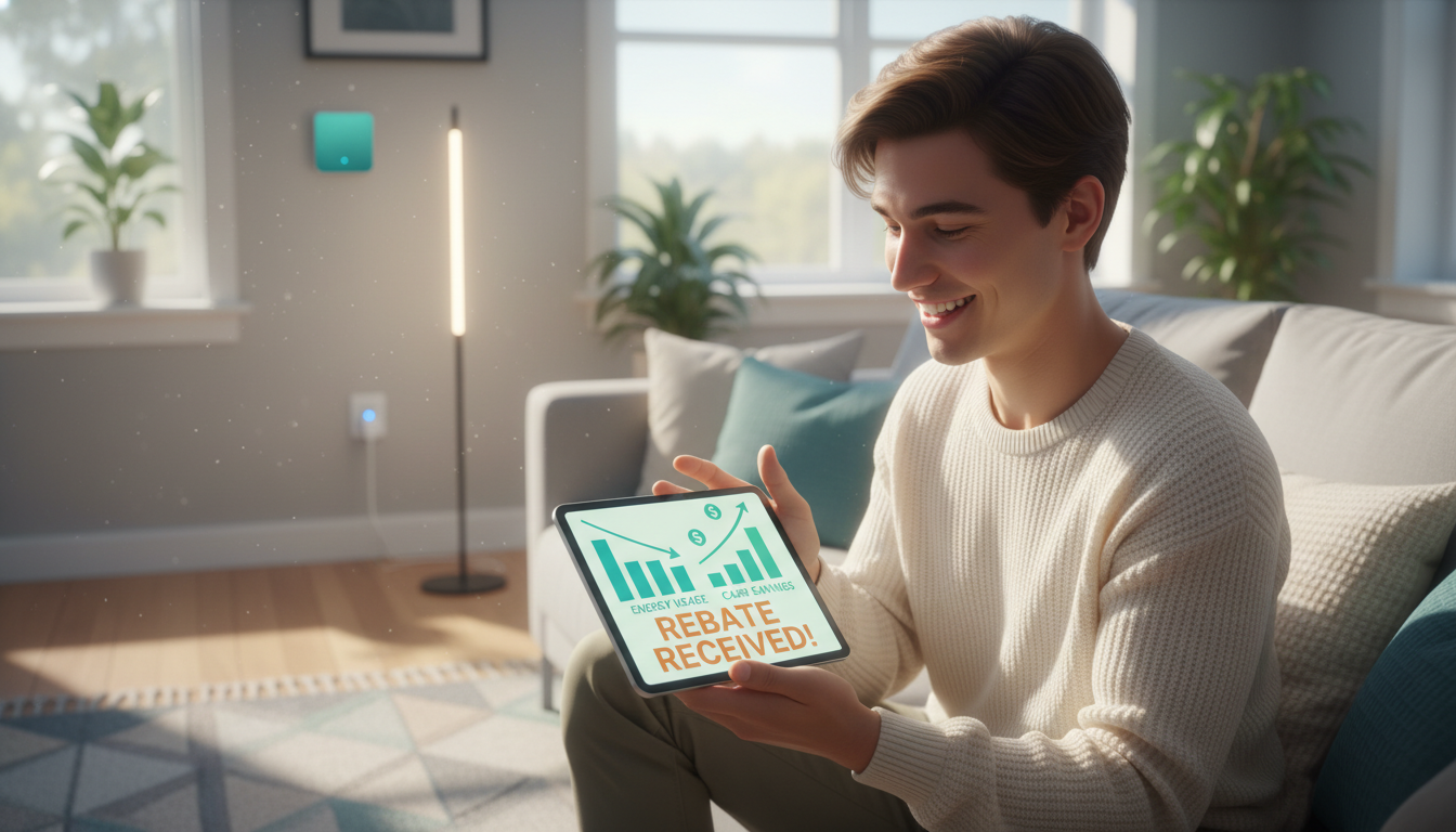 스마트폰으로 에너지 절약 내역을 확인하며 미소 짓는 사람과 아늑한 거실 풍경.