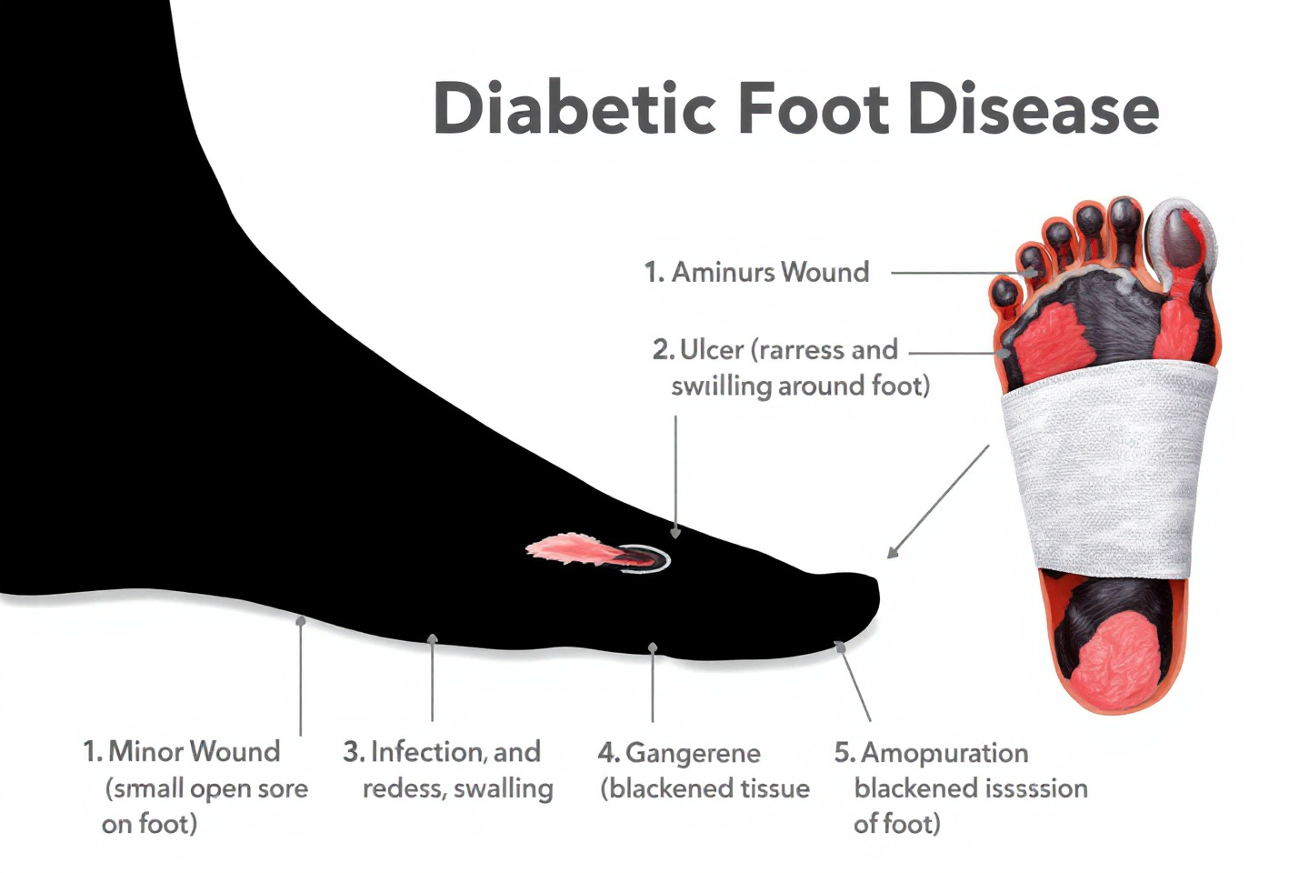 "당뇨병성 족부질환의 진행 과정을 보여주는 다이어그램: 경미한 상처 → 궤양 → 감염 → 괴사 → 절단 순으로 진행"